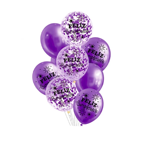 Set De Globos Látex Feliz Cumpleaños Morado Con Confeti 9 Pcs-0
