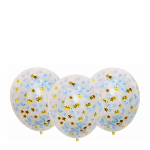Globos De Látex Con Confeti De Estrellas Dorado Y Celeste 3pcs 30cm-1