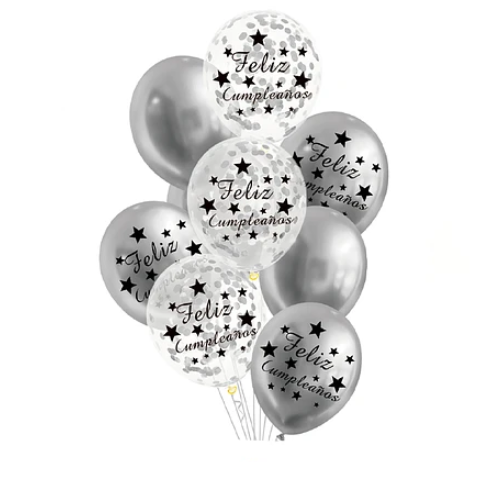 Set De Globos Latex Feliz Cumpleaños Plateado Con Confeti 9 Pcs-0