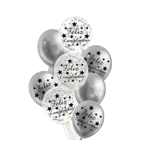 Set De Globos Latex Feliz Cumpleaños Plateado Con Confeti 9 Pcs-1