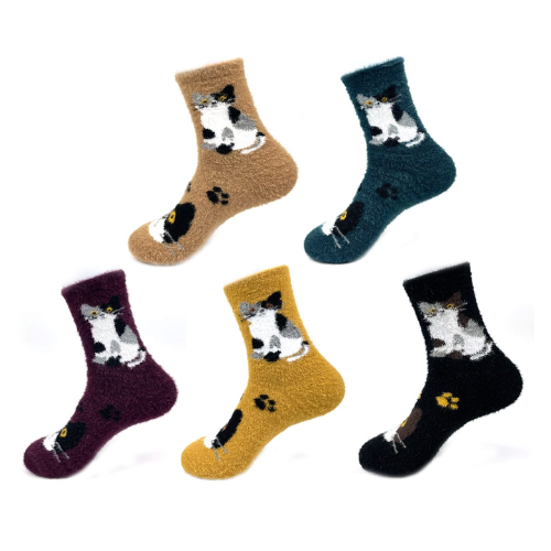 Calcetines De Mujer Plush Con Diseño Gato 12 Unid-1