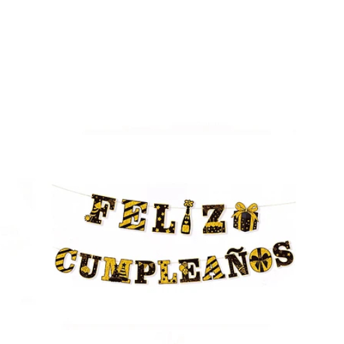 Guirnalda Feliz Cumpleaños Dorado Y Negro 5m-1