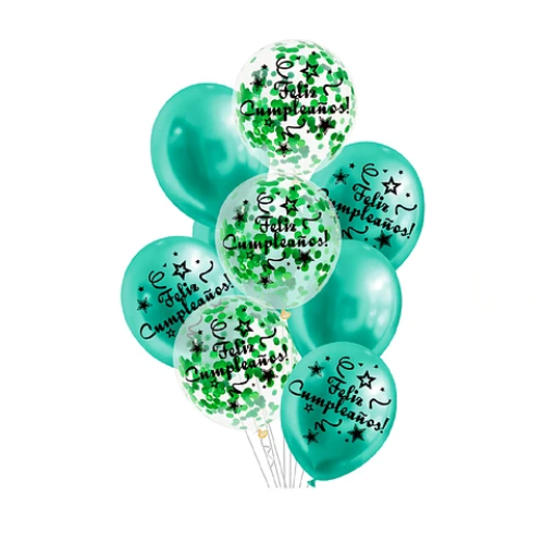 Set De Globos Látex Feliz Cumpleaños Verde Con Confeti 9Pc-0