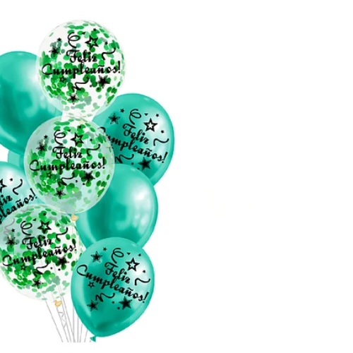 Set De Globos Látex Feliz Cumpleaños Verde Con Confeti 9Pc-1