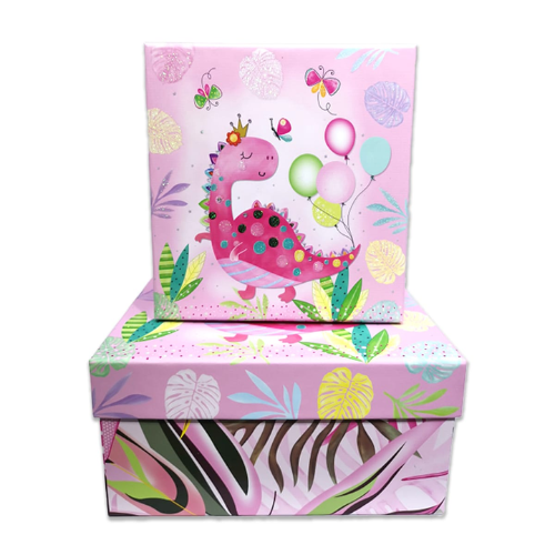 Set 3 Cajas De Regalo Diseño Dinosaurio Fondo Rosado 6 Unid -1