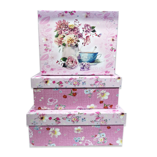 Set 3 Cajas De Regalo Diseño Flores Fondo Rosado 6 Unid -1
