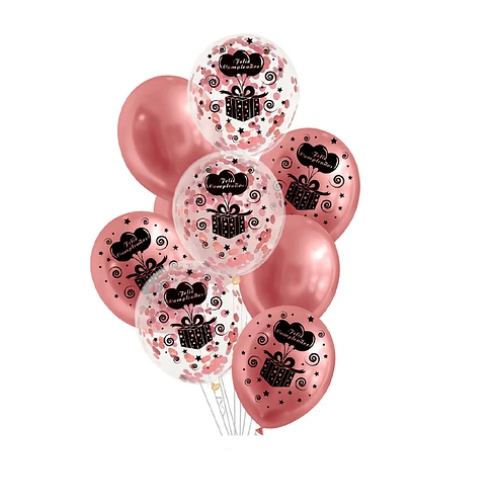 Set De Globos Látex Feliz Cumpleaños Oro Rosa Con Confeti 9pcs-0