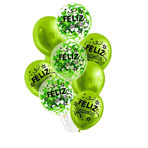 Set De Globos Látex Feliz Cumpleaños Verde Con Confeti 9 Pcs-0