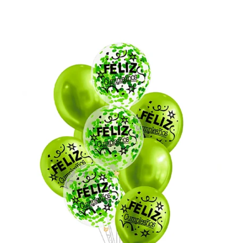 Set De Globos Látex Feliz Cumpleaños Verde Con Confeti 9 Pcs-1