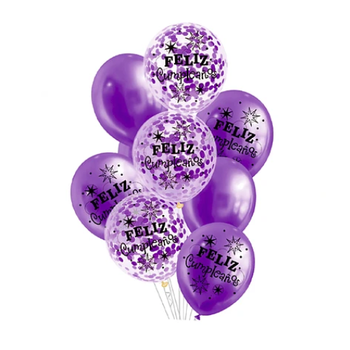 Set De Globos Látex Feliz Cumpleaños Morado Con Confeti 9Pcs-0