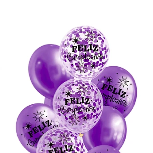 Set De Globos Látex Feliz Cumpleaños Morado Con Confeti 9Pcs-1