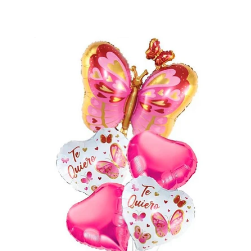 Set De Globos Metálicos Corazones Y Mariposa 5pcs-1