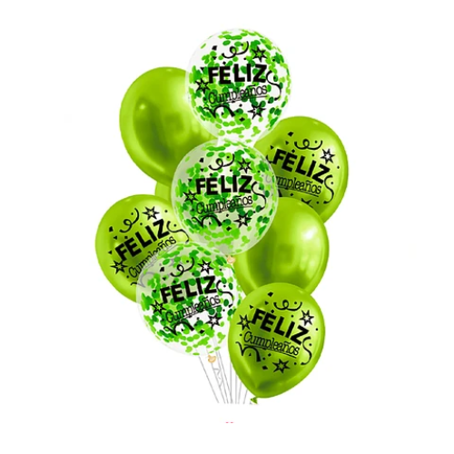 Set De Globos Látex Feliz Cumpleaños Verde Con Confeti 9Pcs-0