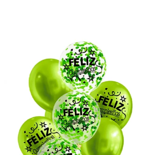 Set De Globos Látex Feliz Cumpleaños Verde Con Confeti 9Pcs-1