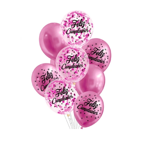 Set De Globos Látex Feliz Cumpleaños Rosa Con Confeti 9Pcs-0