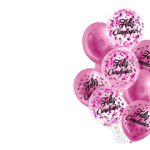 Set De Globos Látex Feliz Cumpleaños Rosa Con Confeti 9Pcs-1