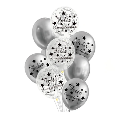 Set De Globos Latex Feliz Cumpleaños Plateado Con Confeti 9Pcs-0