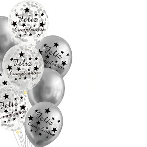 Set De Globos Latex Feliz Cumpleaños Plateado Con Confeti 9Pcs-1