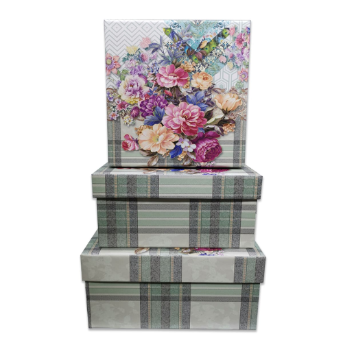 Set 3 Cajas Regalo Diseños Flores Con Cuadros Gris 6 Unid -1