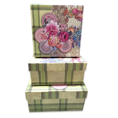 Set 3 Cajas De Regalo Diseño Flores Con Fondo Cuadros 6 Unid -1