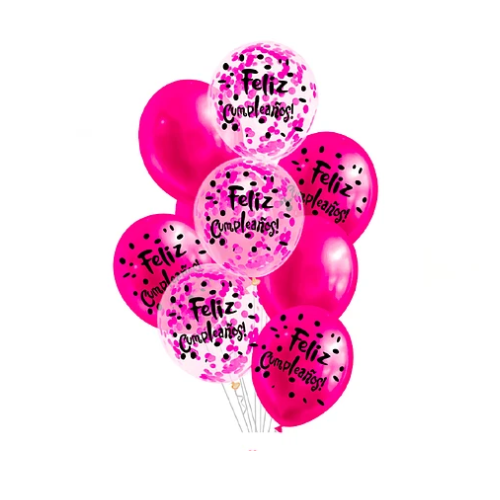 Set De Globos Latex Feliz Cumpleaños Fucsia Con Confeti 9 Pcs-0