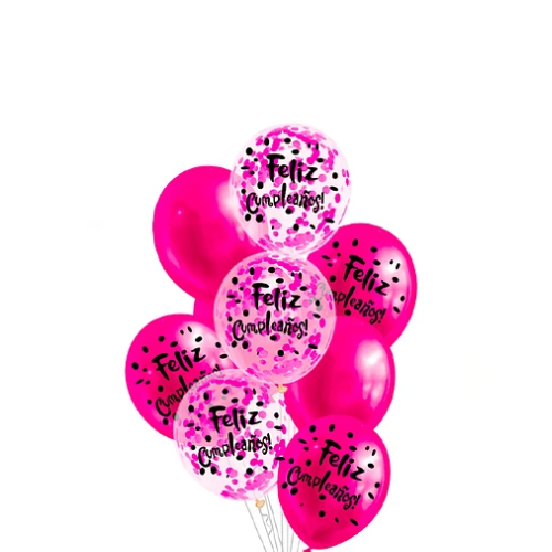 Set De Globos Latex Feliz Cumpleaños Fucsia Con Confeti 9 Pcs-1