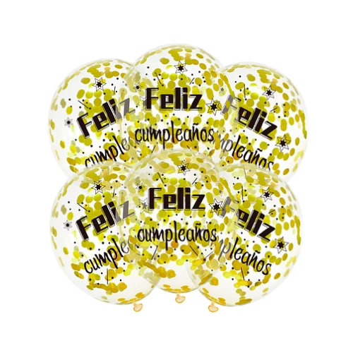 Set De Globos Látex 6pcs Transparente Feliz Cumpleaños Con Confeti -0