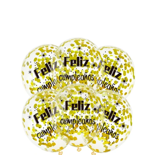Set De Globos Látex 6pcs Transparente Feliz Cumpleaños Con Confeti -1