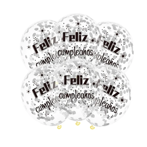 Set De Globos Látex Feliz Cumpleaños Con Confeti Gris 6pcs-0