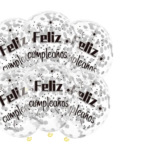 Set De Globos Látex Feliz Cumpleaños Con Confeti Gris 6pcs-1