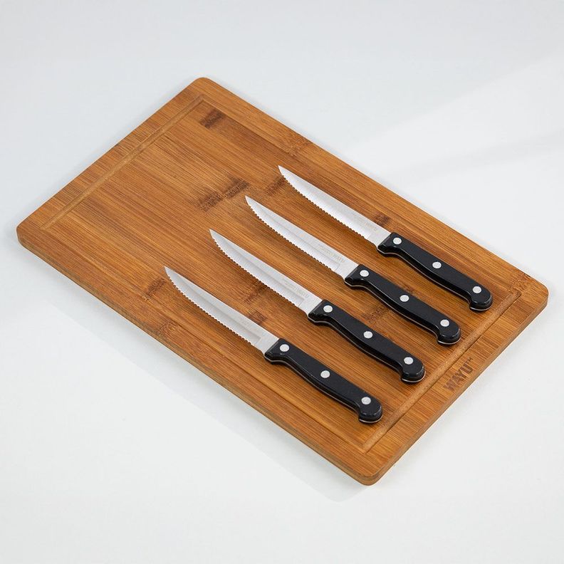 Set 4 Cuchillos + Tabla Bamboo Cafe