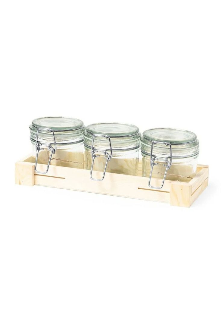 Set 3 Frascos Contenedores Vidrio Base Madera Gab 230 ML-0