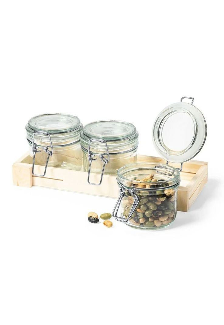 Set 3 Frascos Contenedores Vidrio Base Madera Gab 230 ML-2