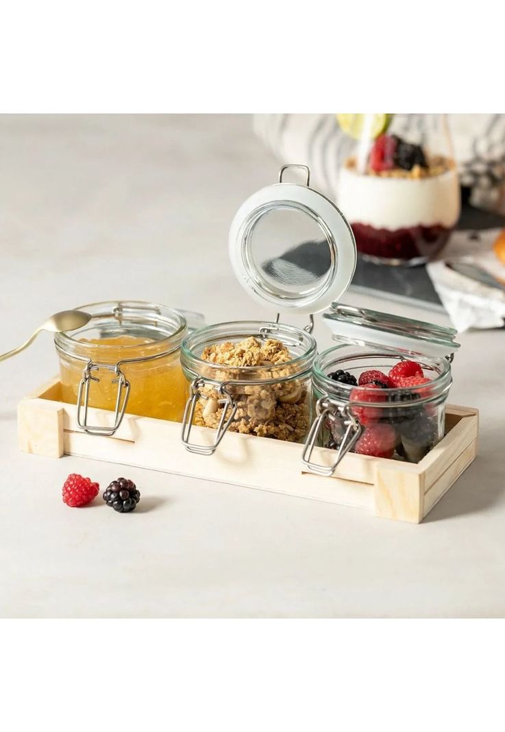 Set 3 Frascos Contenedores Vidrio Base Madera Gab 230 ML-3