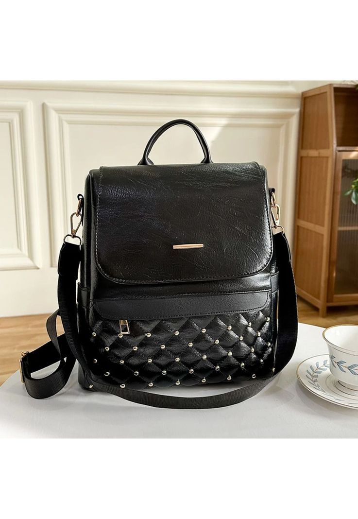 Mochila Cartera Bolso Antirrobo Ecocuero Impermeable Negro 29x28x13 CM-2