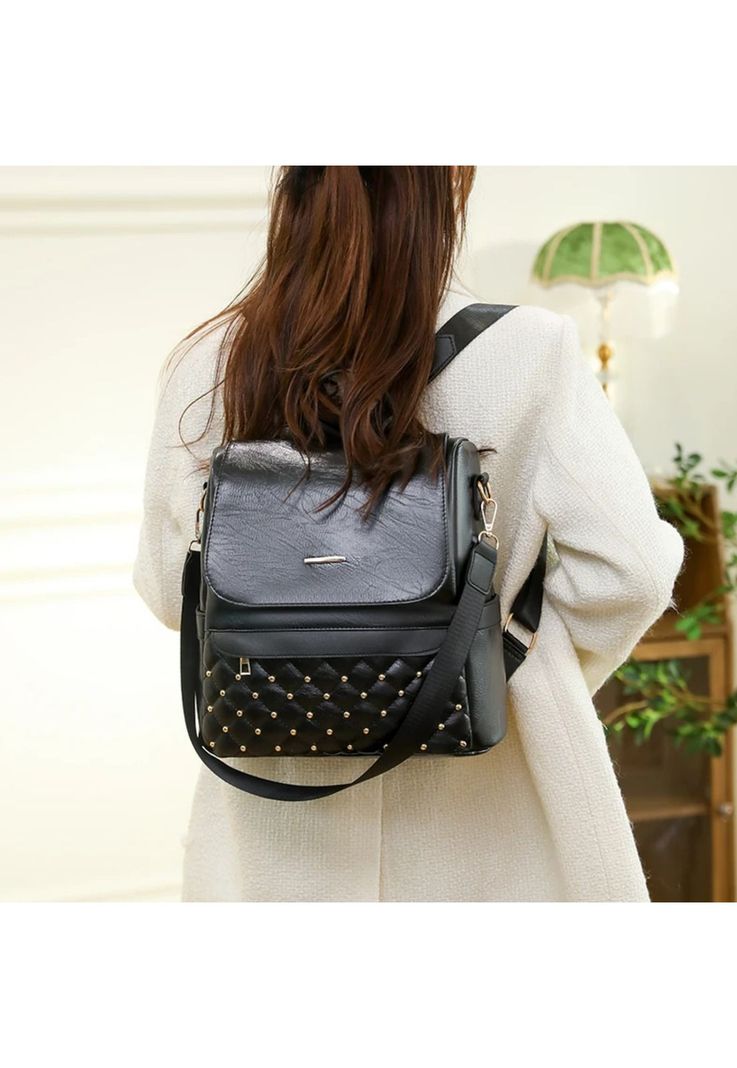 Mochila Cartera Bolso Antirrobo Ecocuero Impermeable Negro 29x28x13 CM-3