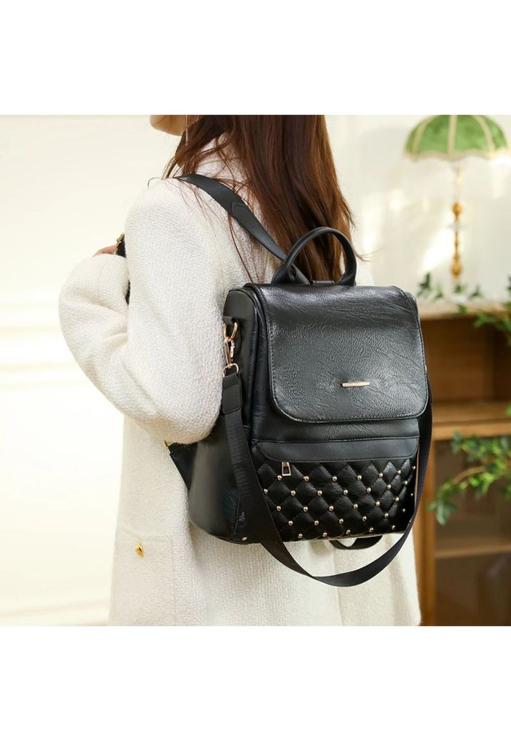 Mochila Cartera Bolso Antirrobo Ecocuero Impermeable Negro 29x28x13 CM-4