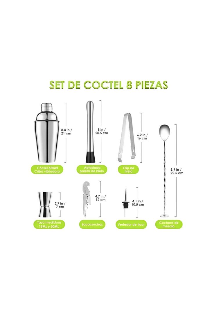 Kit Juego Coctelera Profesional Bar 8 Piezas Acero Inoxidable-2