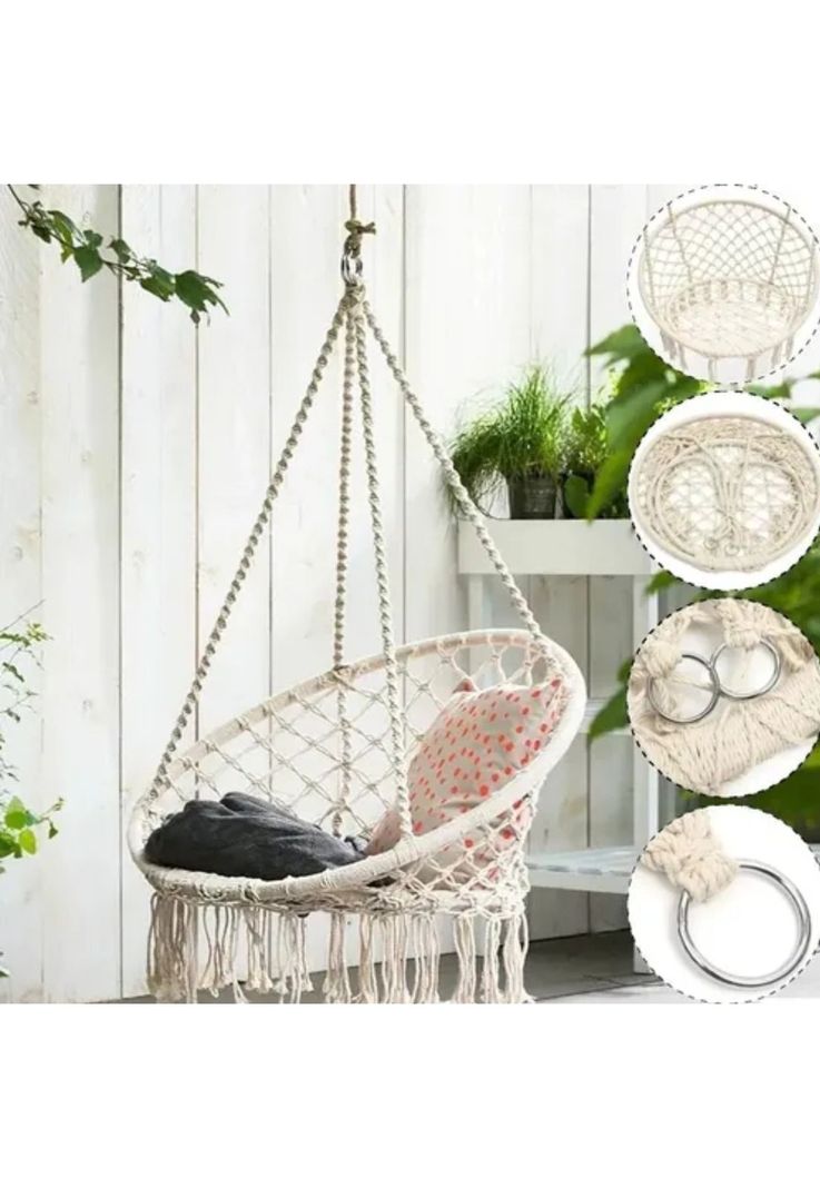 Hamaca Silla Columpio Algodón Blanco 80 x 70 CM-3