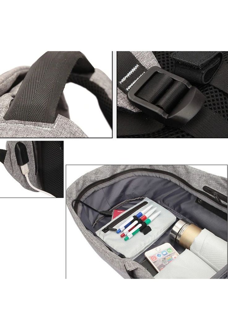 Mochila Bolso Notebook Antirrobo Ajustable Acolchado 25 L Gris-3