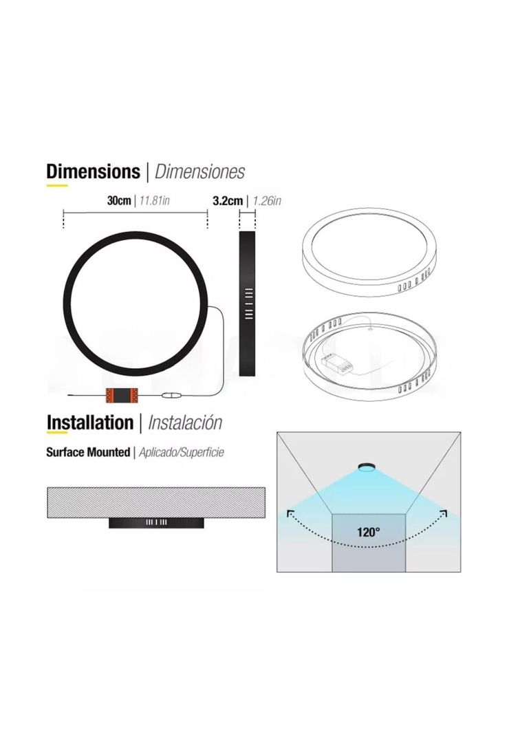 Foco Panel Led Plafón Sobrepuesto Redondo Luz Cálida 220v 3000°K  Negro 30 CM-3