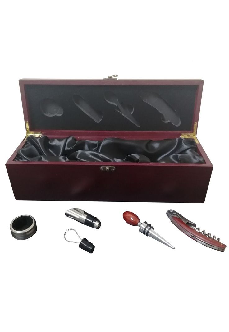 Caja Madera Barnizada 4 Accesorios Metálicos Vino-1