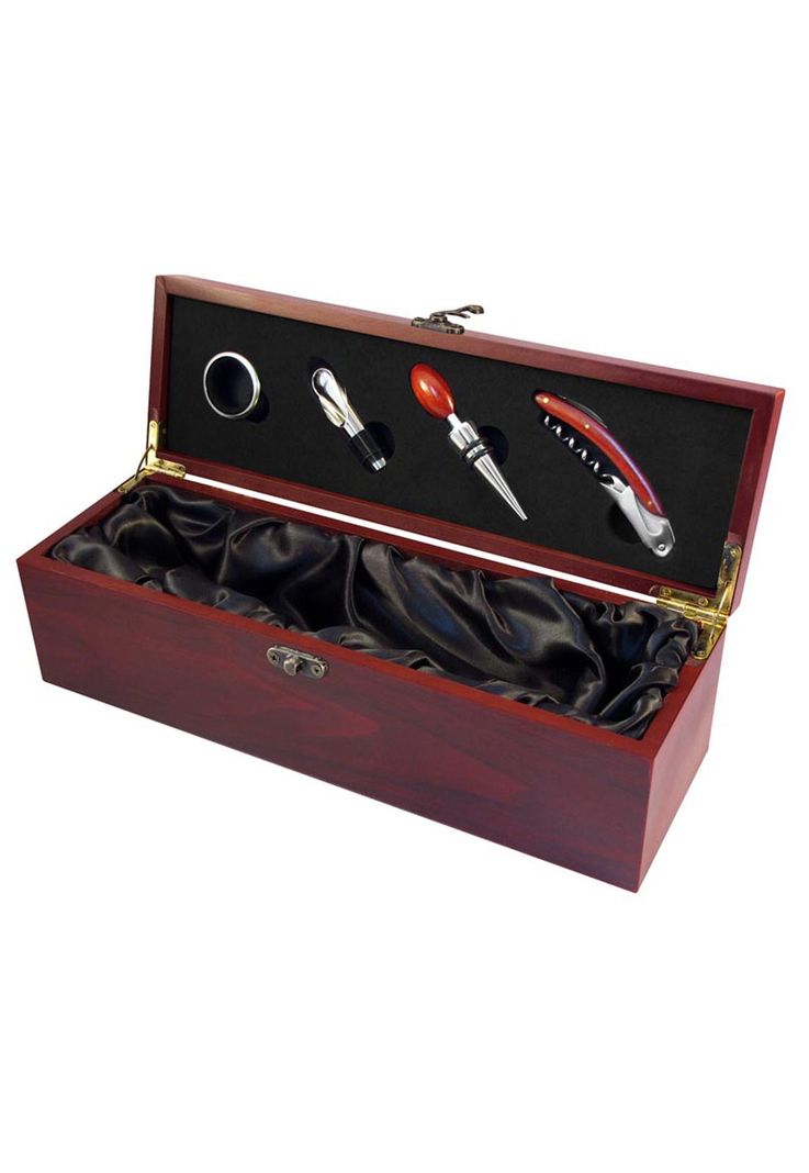 Caja Madera Barnizada 4 Accesorios Metálicos Vino-2