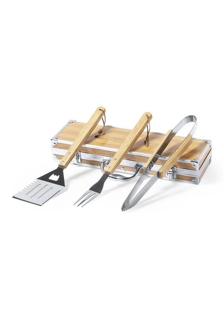 Set Maleta Parrillera 3 Accesorios Metal Bambú Lenvit-1