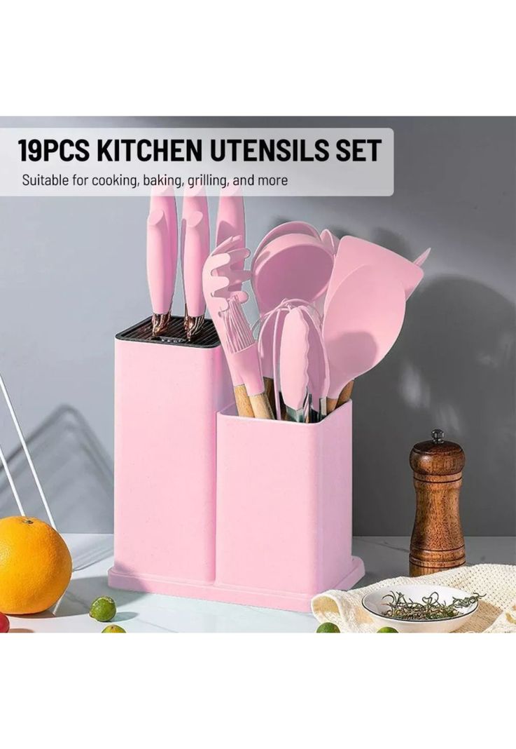 Set 19 Utensilios Cocina Silicona Acero Inoxidable Rosa-3