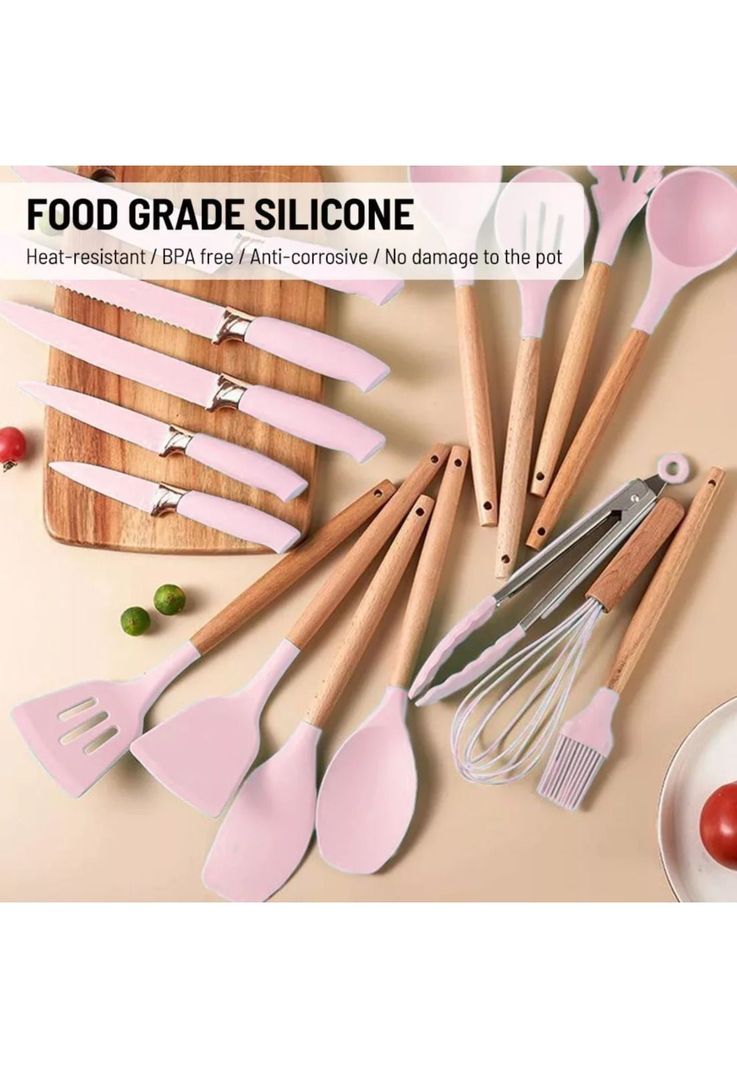 Set 19 Utensilios Cocina Silicona Acero Inoxidable Rosa-4