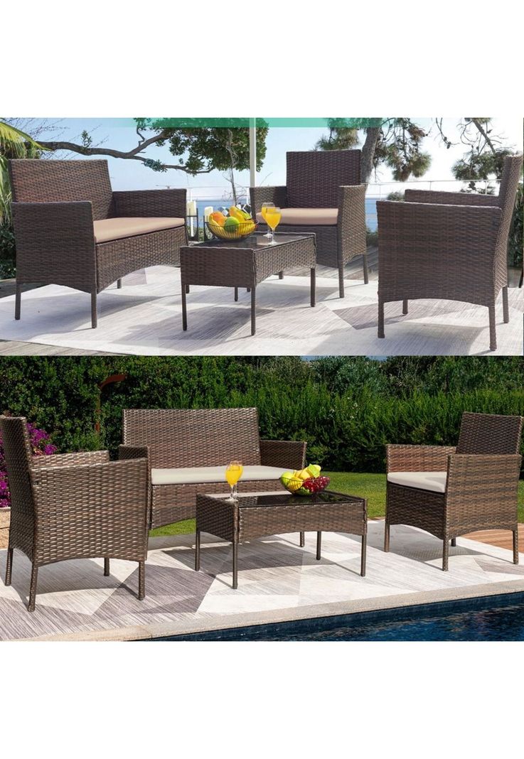 Juego Comedor Terraza Jardín Rattan 4 Piezas Café-6