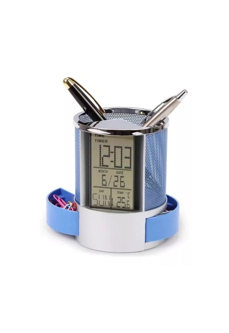Organizador Bolígrafo Portalápices Reloj Alarma Pantalla LCD-0