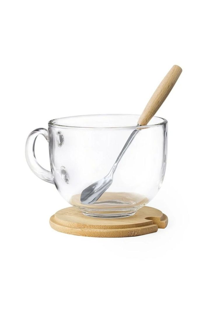 Taza MUG Vidrio Cuchara Posavasos Bambú Vidrio Yirax 420 ML-0