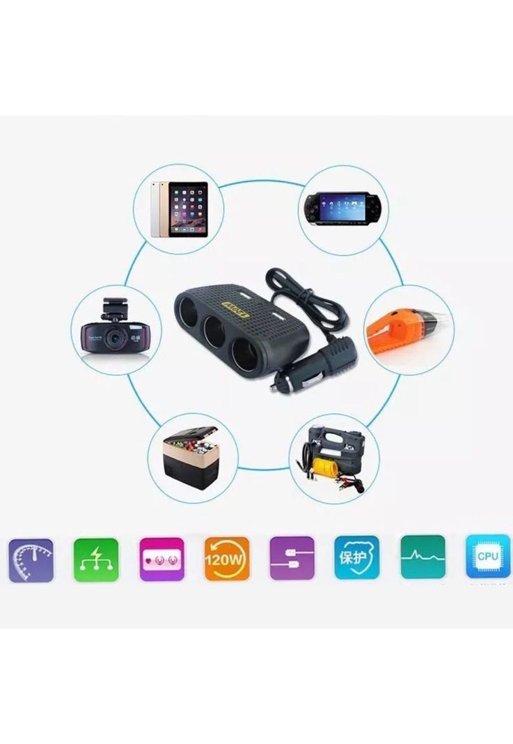 Adaptador Cargador Enchufe Encendedor Auto 1 A 3 +2 USB-3